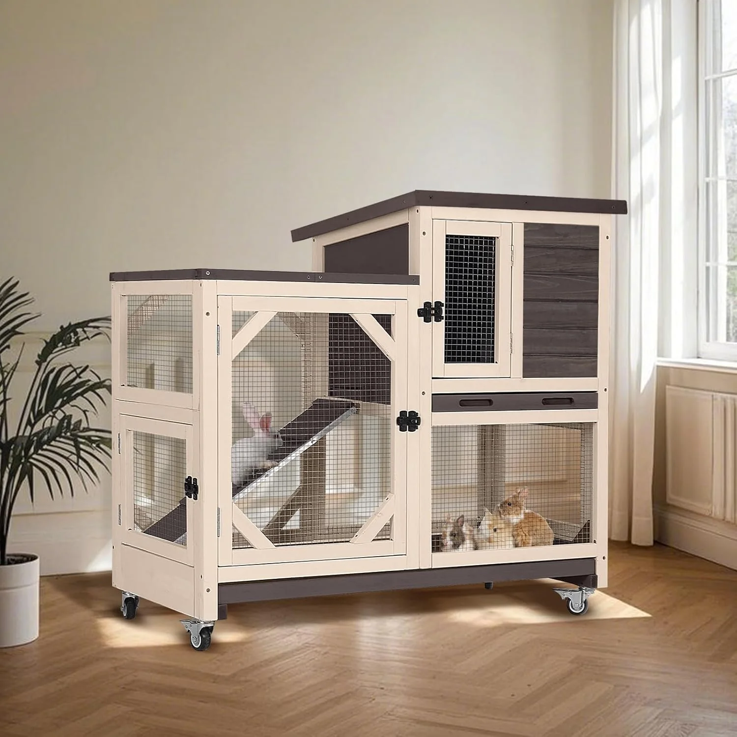 Contemporary Rabbit Hutch Indoor for 2-4 Rabbits Guinea Pigs，Bunny Cage with Slide-Out Plastic Trays，Wooden Small Animal Cage for Rabbits Bunnies and Guinea Pigs Dark Brown Dependable