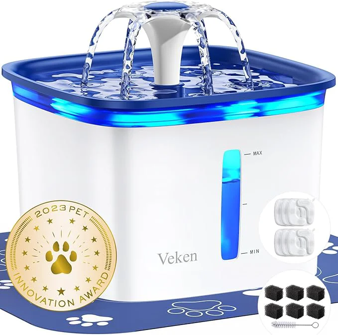 Safe Veken Innovation Award Winner 95oz 2.8L Pet Fountain Automatic Cat Water Fountain Dog Water Dispenser with 6 Filters Silicone Mat for Cats Dogs Blue Plastic About ThisOverview Professional