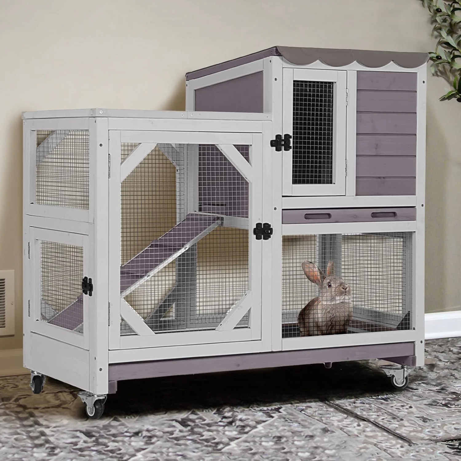 Functional GUTINNEEN 2-Story Rabbit Hutch Indoor with Chew-Proof Design Slide-Out Trays – Wooden Small Animal Cage Guinea Pig Cages with Lockable Wheels for 2-3 Rabbits Bunnies Guinea Pigs Grey Recyclable