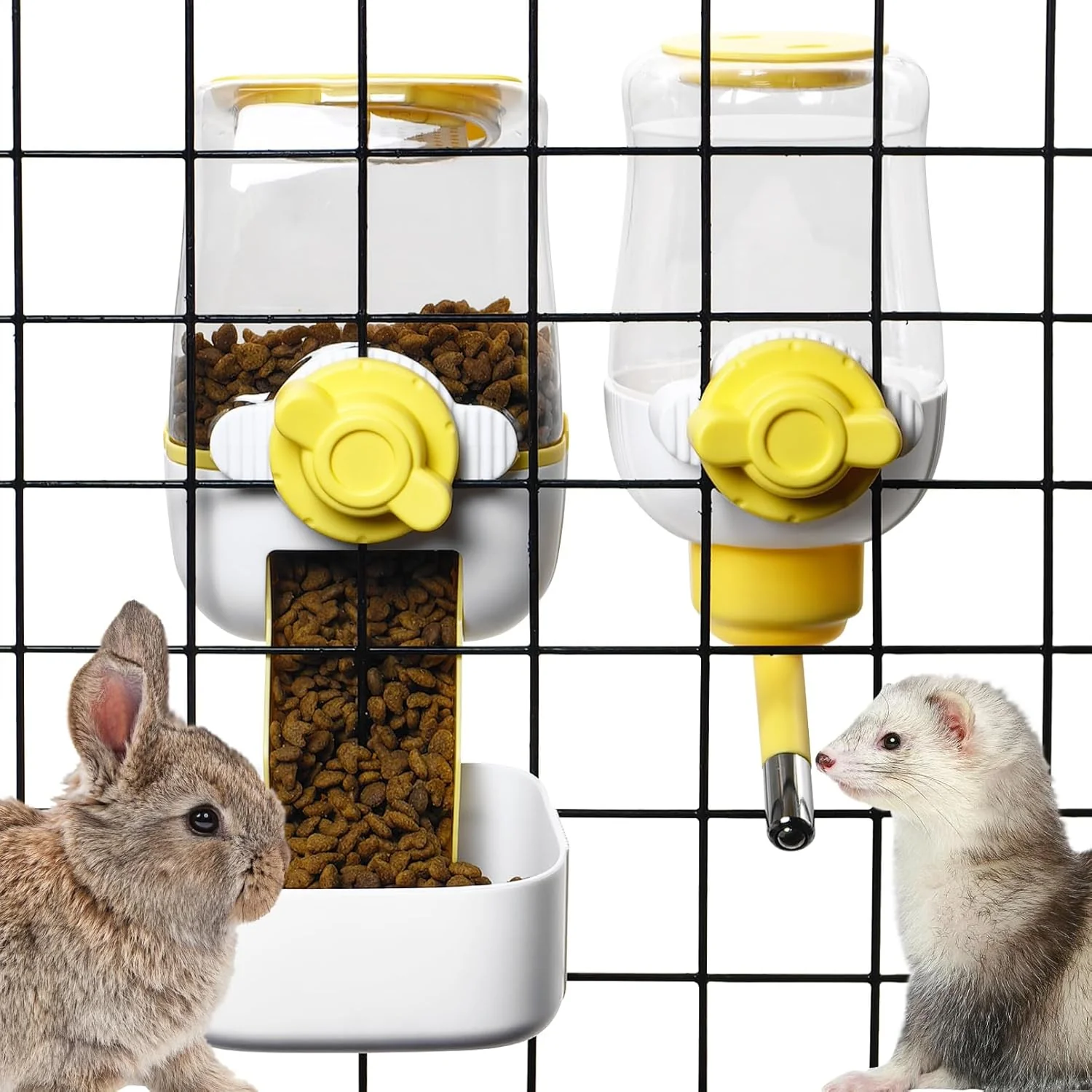 Exclusive kathson Automatic Rabbit Feeder and Waterer Set Gravity Pet Food Water Dispenser Bunny Pellet Feeder Small Animal Feeding Watering Supplies for Guinea Pig Ferret Crate Accessories Yellow Outstanding
