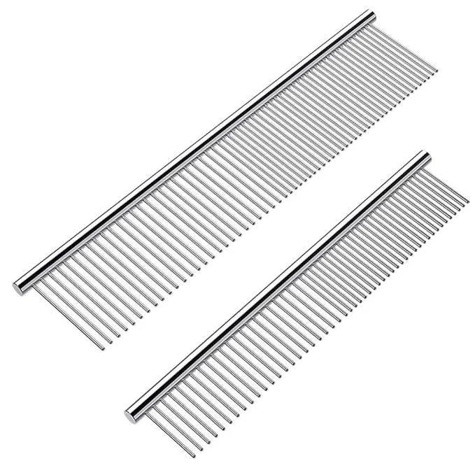 Genuine 2 Pack Dog Combs with Rounded Ends Stainless Steel Teeth Cat Comb for Removing Tangles and Knots Professional Grooming Tool for Long and Short Haired Dog Cat and other pets 6.3IN 7.4IN Reusable