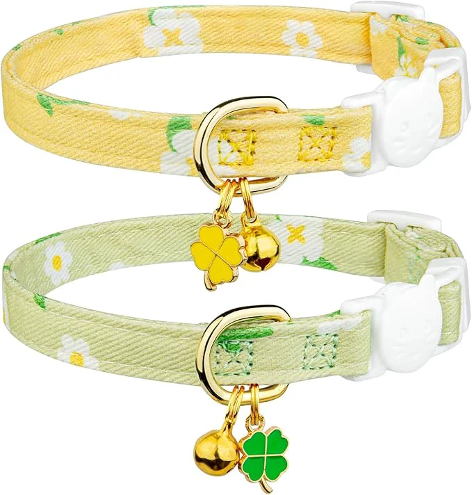 Practical 2 Pack Cotton Breakaway Cat Collar Green and Yellow Flowers Pendant Cute Kitten Cat Collar with BellAbout ThisOverview Natural