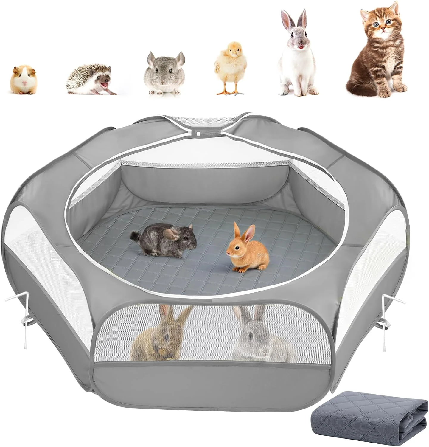 Detailed 2-in-1 Small Animals Playpen with Pad Waterproof Small Pet Cage Tent with Reusable Pad Portable Outdoor Yard Fence with 3 Metal Rod for Chick Kitten Puppy Guinea Pig Rabbits Chinchillas Gray Functional