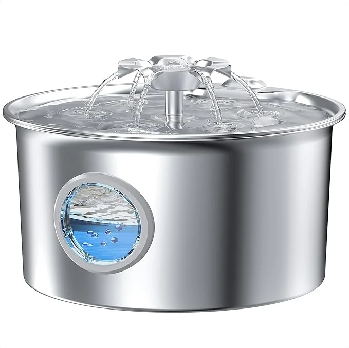 Verified Stainless Steel Cat Water Fountain 88oz 2.6L Ultra Quiet Pet Fountain with Flower Kitty Spout LED Blue Light Water Dispenser with Water Level Window for Cats Dogs Indoor Silver – IHOUONEAbout ThisOverview Proven