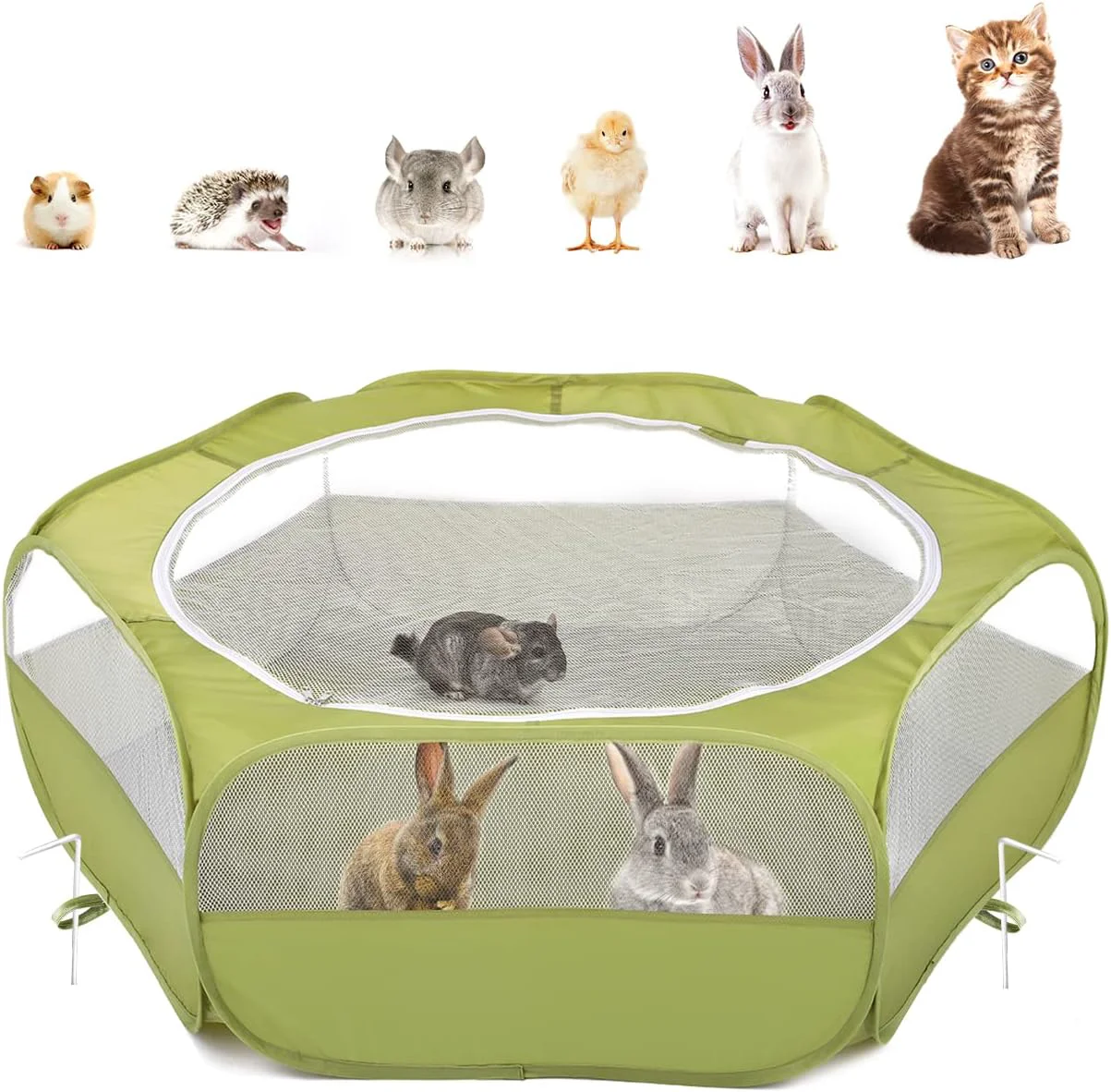 Exclusive Pawaboo Small Animals Playpen Waterproof Small Pet Cage Tent with Zippered Cover Portable Outdoor Yard Fence with 3 Metal Rod for Chick Kitten Puppy Guinea Pig Rabbits Hamster Chinchillas Green Detailed
