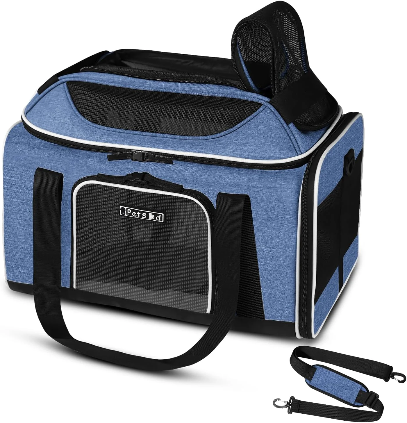 Innovative Petskd Top-Expandable Pet Carrier 17x11x9.5 Inches Alaska Airline Soft-Sided Carrier for Small Cats and Dogs with Locking Safety Zippers and Anti-Scratch Mesh Blue Artisan