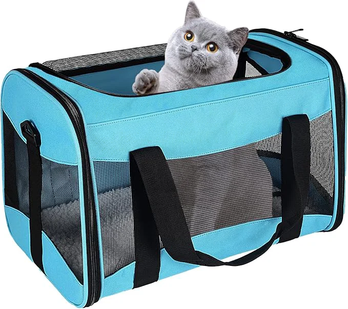 Durable Cat Carrying Case – Pet Carrier Airline Protable and Breathable Pet Travel Carrier Removable Fleece Pad Collapsible Cat Carrier Dog Carrier for Medium Cats Small Cats Dogs Medium Blue About ThisOverview Functional