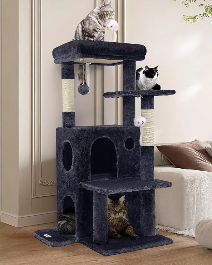 Versatile Globlazer Cat Tree Tower for Indoor Cats 50-inch Adult Cat Tree House for Large Adult Cats with Steps Scratching Post 2 Cat Caves Dangling Toys FC50 Dark GreyAbout ThisOverview Stylish