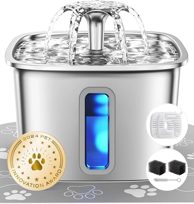Advanced Veken Innovation Award Winner Stainless Steel Cat Water Fountain 108oz 3.2L Automatic Pet Fountain Dog Water Dispenser with 2 PP Housing Filters Silicone Mat for Cats Dogs Silver About ThisOverview Fast