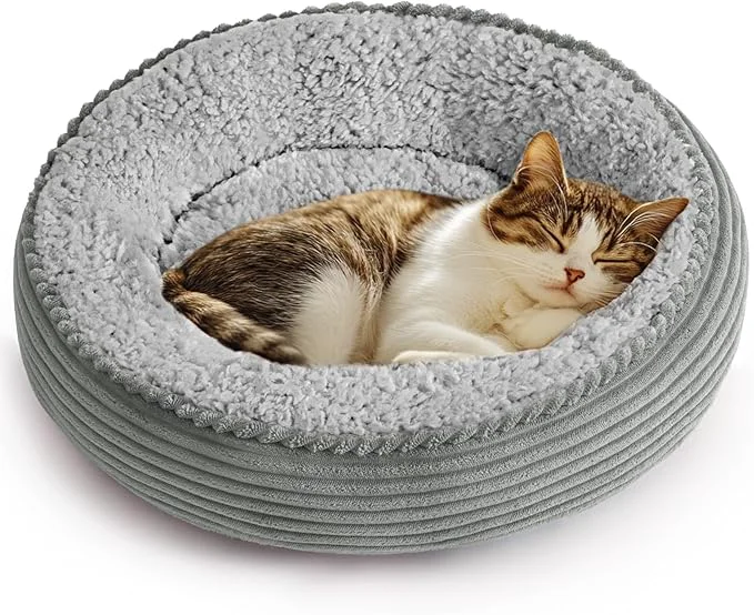 Exclusive Love’s cabin Round Donut Cat and Dog Cushion Bed 20in Pet Bed for Cats or Small Dogs Anti-Slip Water-Resistant Bottom Super Soft Durable Fabric Pet beds Washable Luxury Bed Solid Grey StripeAbout ThisOverview Reusable