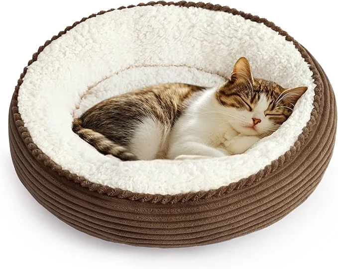 Elite Love’s cabin Round Donut Cat and Dog Cushion Bed 20in Pet Bed for Cats or Small Dogs Anti-Slip Water-Resistant Bottom Super Soft Durable Fabric Pet beds Washable Luxury Cat Dog Bed Brown StripeAbout ThisOverview Crafted
