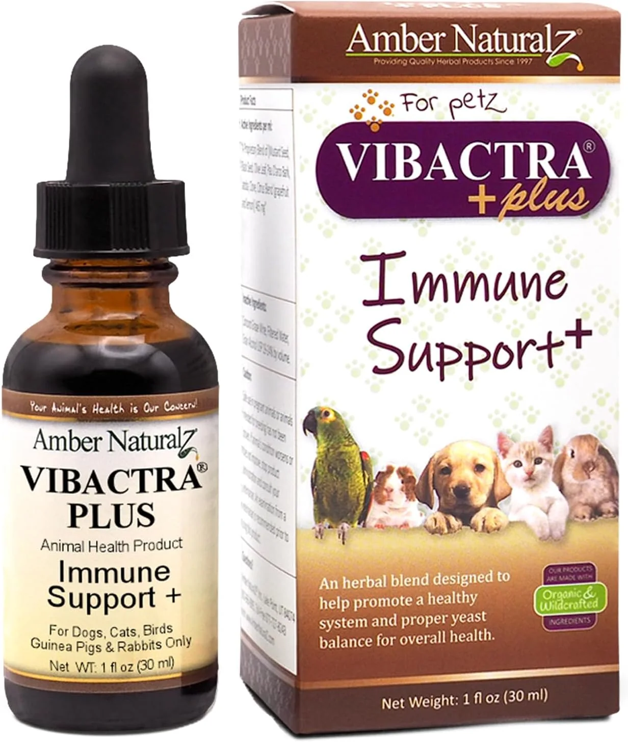 Exclusive Amber NaturalZ Vibactra Plus Herbal Supplement for Dogs Cats Birds Guinea Pigs and Rabbits Herbs for Immune Health and Yeast Balance 1 Fluid Ounce Glass Bottle High-Grade