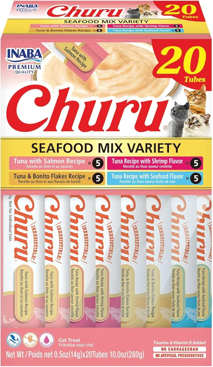 Fine Crafted INABA Churu Cat Treats Grain- Lickable Squeezable Creamy Purée Cat Treat Topper with Vitamin E Taurine 0.5 Ounces Each Tube 20 Tubes Seafood Variety BoxAbout This Detailed