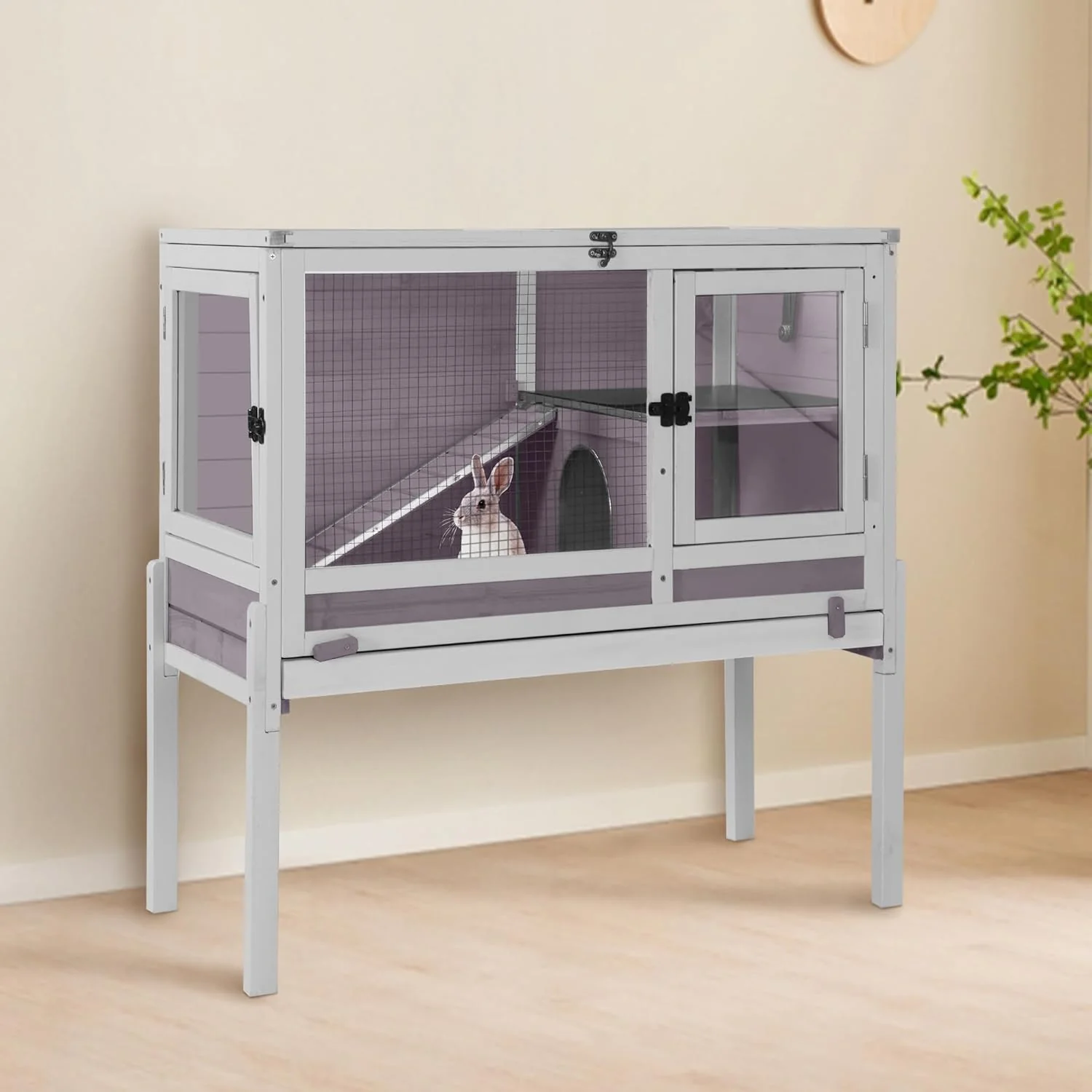 Premium Material GUTINNEEN Guinea Pig Cage Rabbit Cage Indoor with Chew-Proof Edges Clean Deep Tray Leakproof PVC Layer Small Animals Cage with Adjustable Legs – Grey Carefully Designed