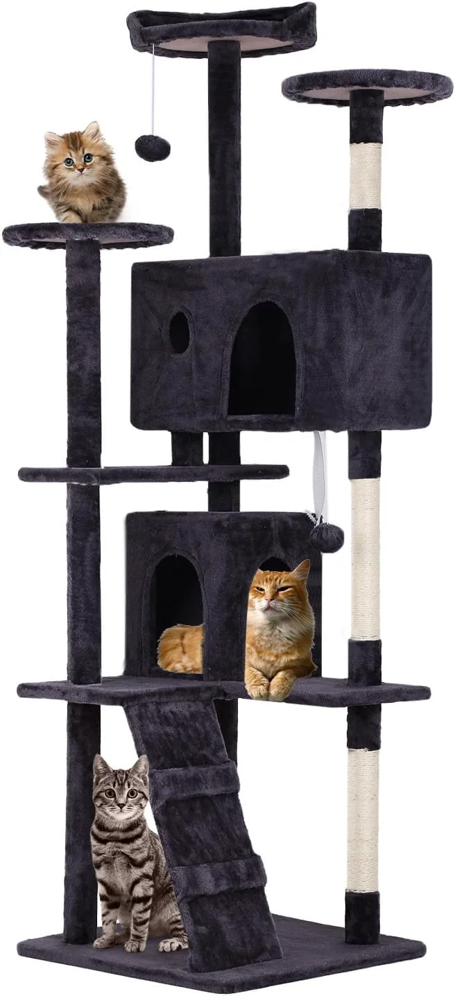 Contemporary FDW 70 Cat Tree Tower Ashy Multi-Level Indoor Activity Center with Sisal Scratching Posts Condos Plush Perches Hanging Cat Toys Sturdy Easy to Assemble for Kittens Adult CatsAbout ThisOverview Clean