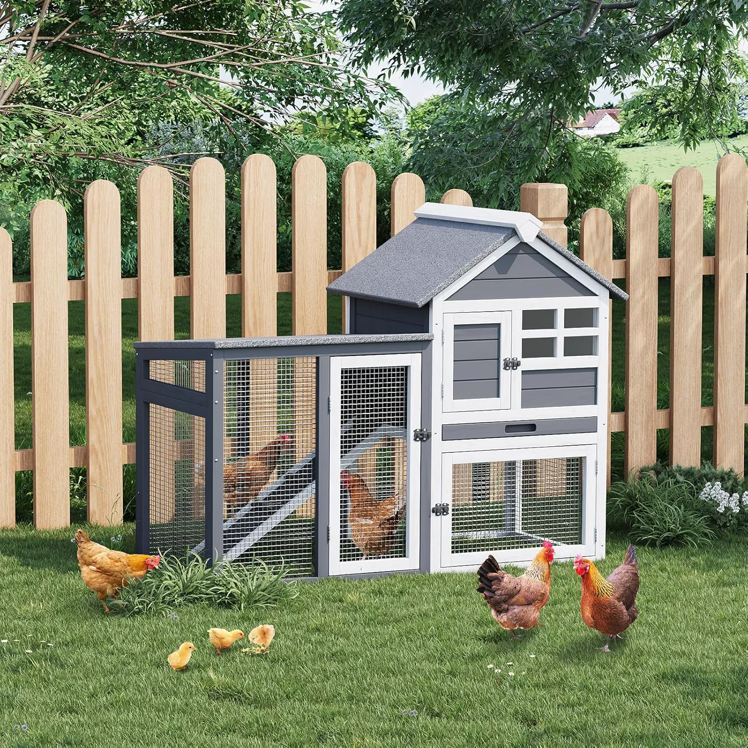 Comfortable Rabbit Hutch 2-Tier Small Wooden Chicken Coop for Outdoor Use – Weatherproof Small Animal Hutch with Non-Slip Ramp 4 Access Doors Removable Tray for Rabbits Guinea Pigs Ferrets Indoor Outdoor Lightweight