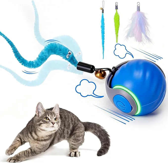 Solid BABORUI Interactive Cat Toy Ball – Automatic Interactive Cat Toys for Indoor Cats with 3 Tails 2 Speeds Rechargeable Cat Enrichment Toys for Small Medium Large Cats to Keep Them Busy Blue About This High-Quality