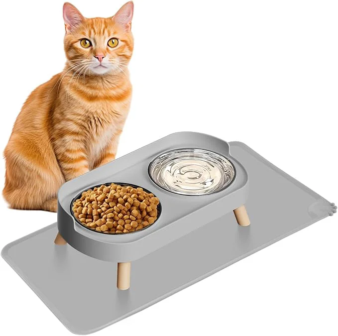 Effective d Cat Bowl with Food Mat Raised Cat Food and Water Bowl Set for Indoor Cats Splash Proof with 2 Stainless Steel Pet Food Bowls for Cats and Puppies Whisker Fatigue and Dishwasher Safe Grey About ThisOverview Clean