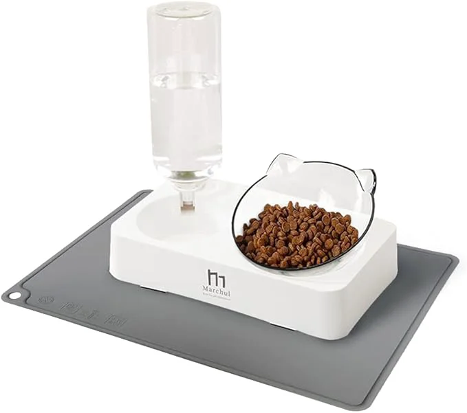 Minimalist Marchul Tilted Cat Food Bowl with Feeding Mat for Food and Water Food Feeding Dishes for Raised Cats and PuppiesAbout ThisOverview Expertly Made