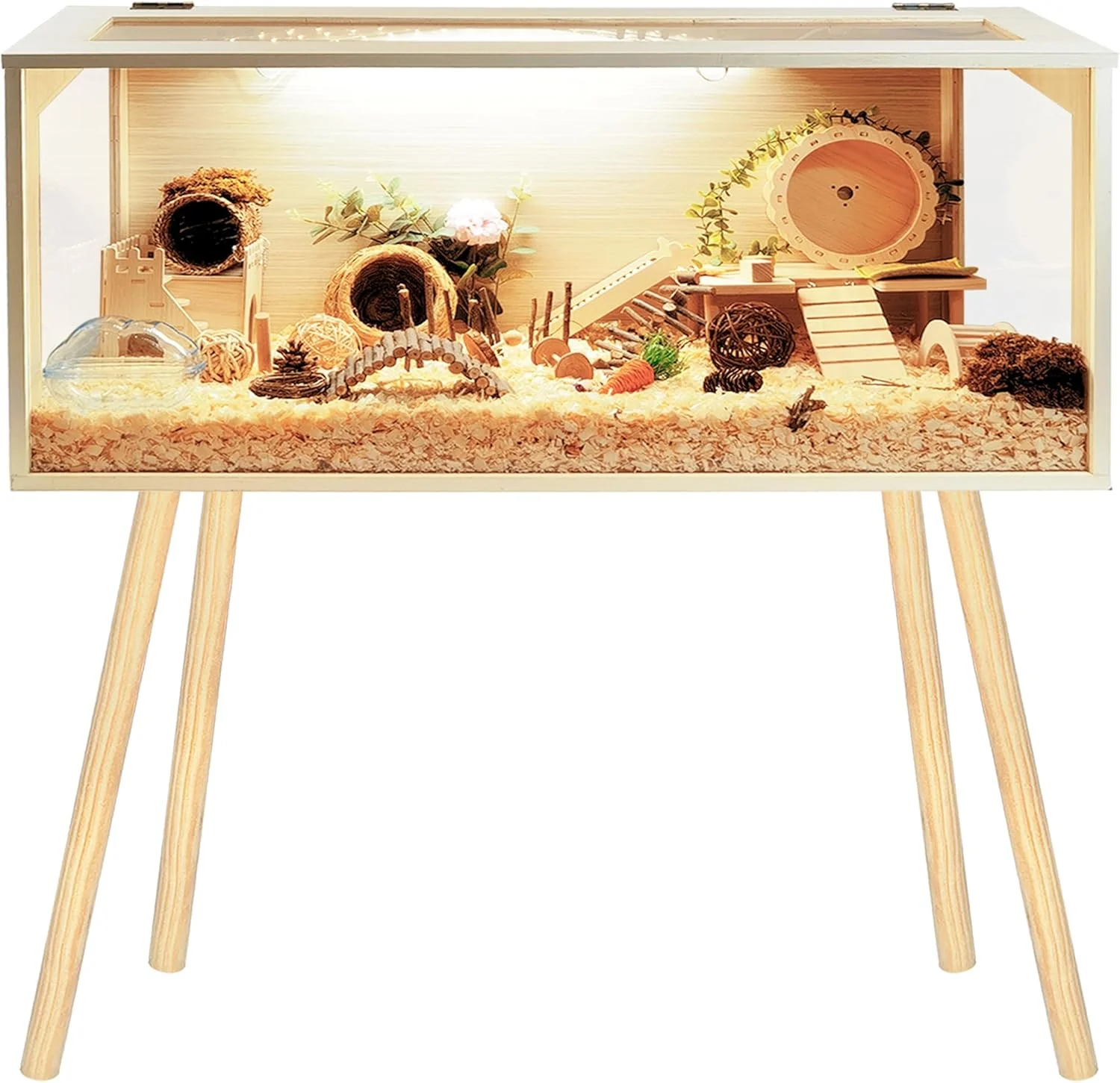 Original Prolee Hamster Cage Wooden Chew Proof Extra Large Mice and Rat Habitat Openable Top with Acrylic Sheets Solid Built Small Animal Cage with Leg Stands 48 Inch Long Modern