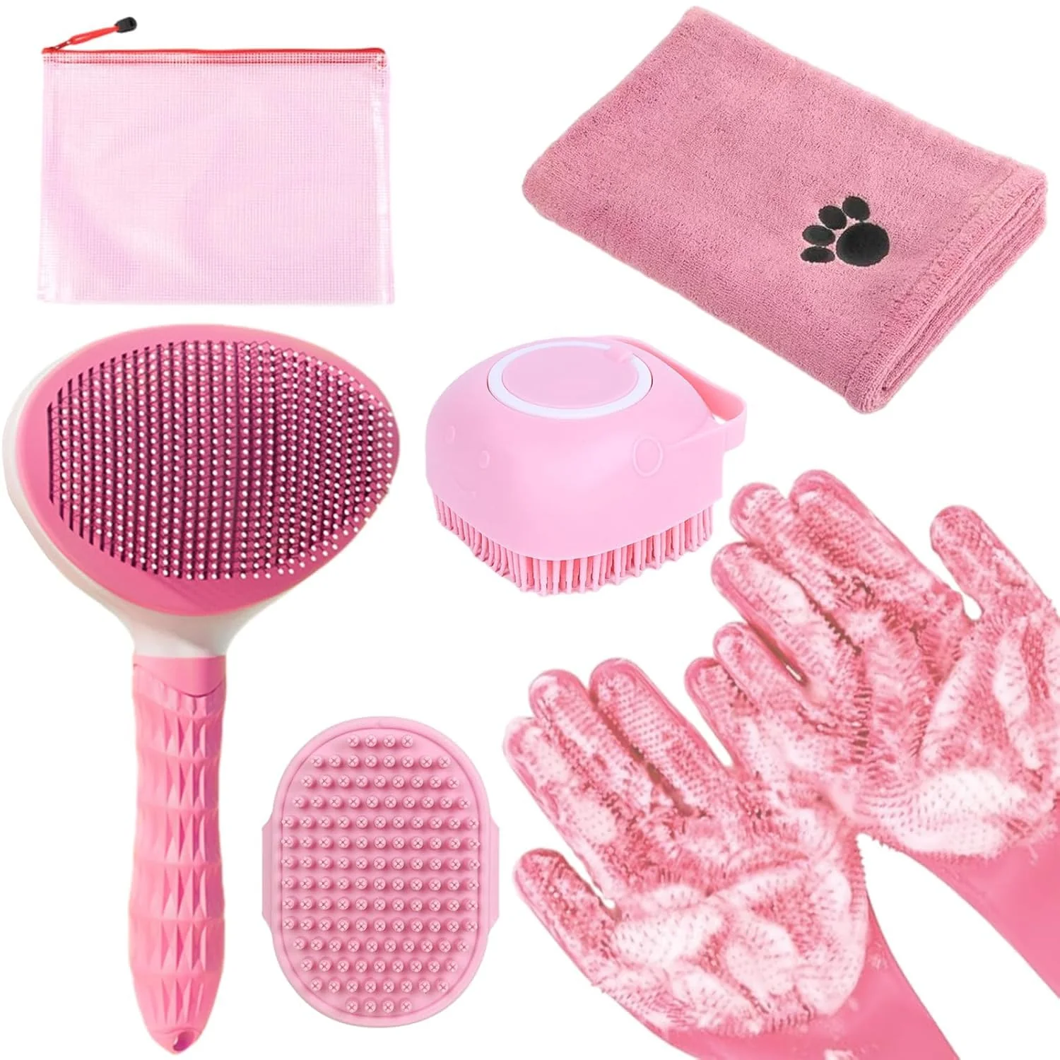 Traditional Bath Grooming Kit for Pets – Hair Brush Set with Towel Washing Gloves and Shampoo Scrubber Brush for Dogs and Cats Pink Detailed