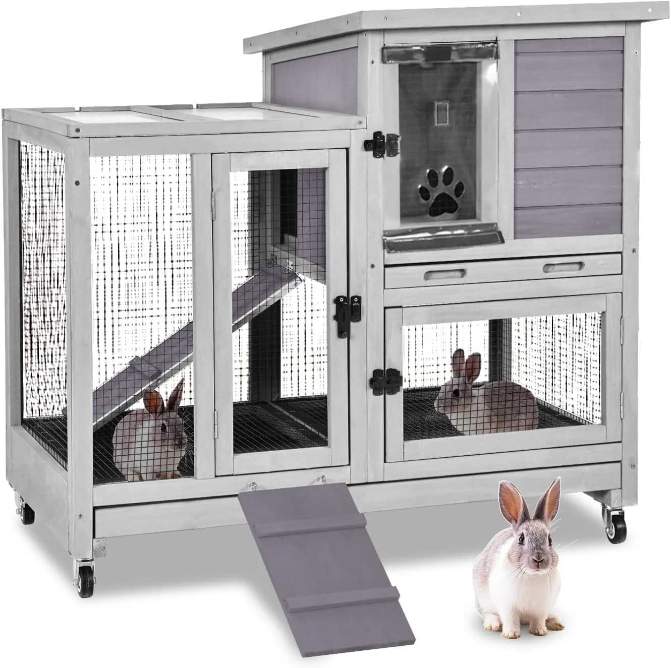 Safe GUTINNEEN Indoor Rabbit Hutch Guinea Pig Cages with Chew-Proof Ramp 2-Story Wooden Bunny House with Pull-Out Tray Lockable Caster Wheels Small Animal Cage for 2-4 Rabbits Guinea Pigs Grey World-Class