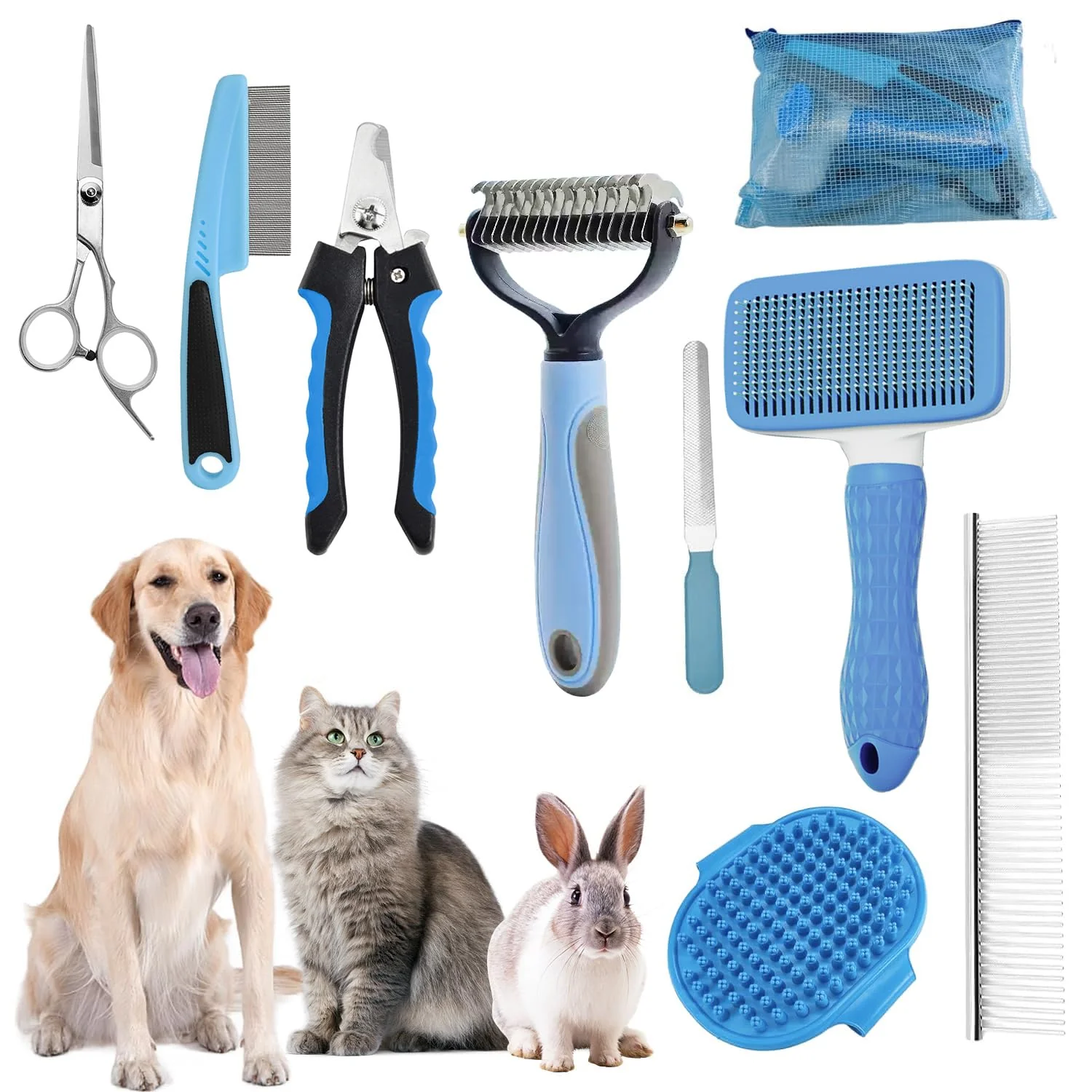 Innovative Dog Brush for Shedding 9 PCS in One Pet Slicker Hair Brush Kit with Pet Nail Clipper and File – Dog Cat Grooming Deshedding Undercoat Rake Brush Comb for All Small Large Dogs Cats Blue Durable