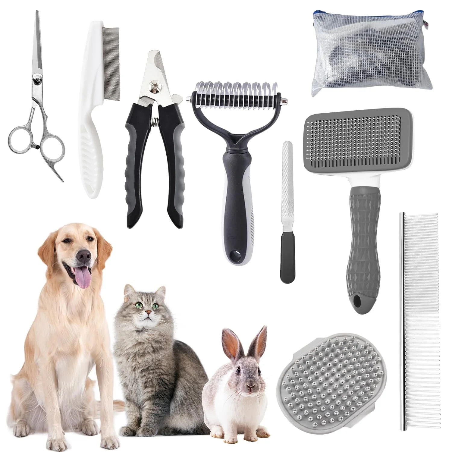 Eco-Friendly Dog Brush for Shedding 9 PCS in One Pet Slicker Hair Brush Kit with Pet Nail Clipper and File – Dog Cat Grooming Deshedding Undercoat Rake Brush Comb for All Small Large Dogs Cats Grey Advanced