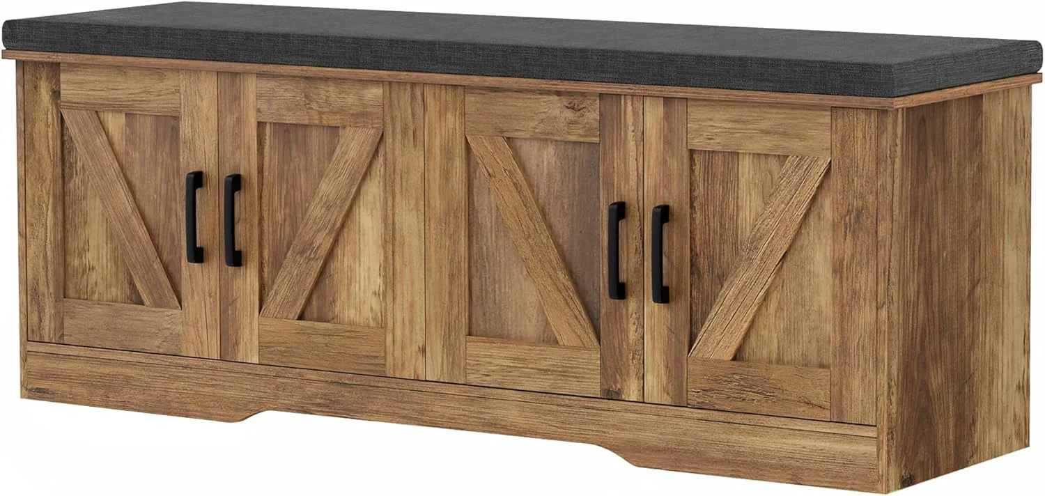 Detailed 2-Tier Storage Bench Shoe Bench with Padded Seat Cushion Entryway Bench with 4 Barn Doors Adjustable Shelf 13.8 D x 47.2 W x 17.7 H for Entryway Living Room Bedroom Rustic Walnut Convenient