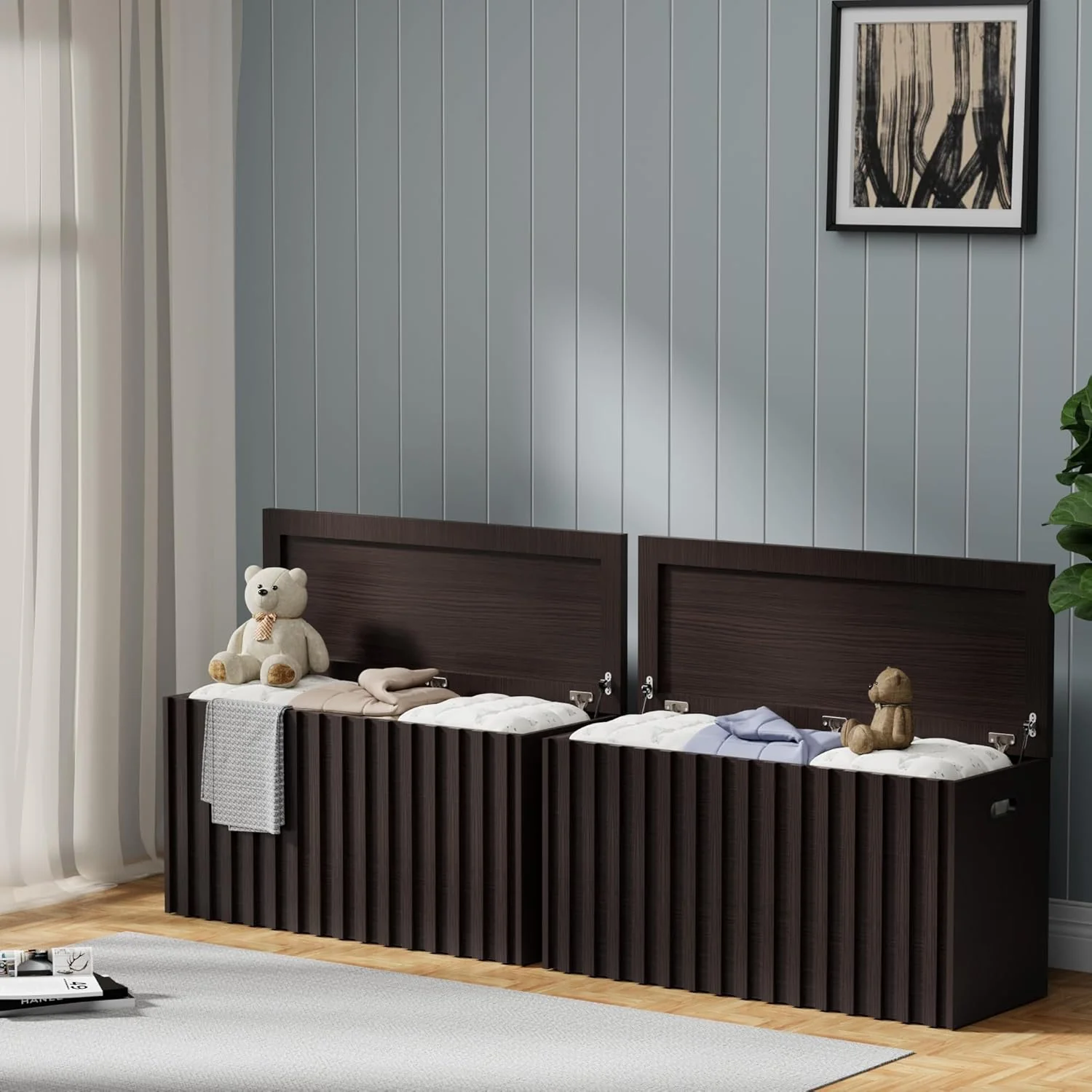 Elegant UEV Storage Bench Set of 2 39.4 Wood Storage Trunk with 2 Safety Hinges Sturdy Storage Chest Fluted Wood Leg Walnut Selected