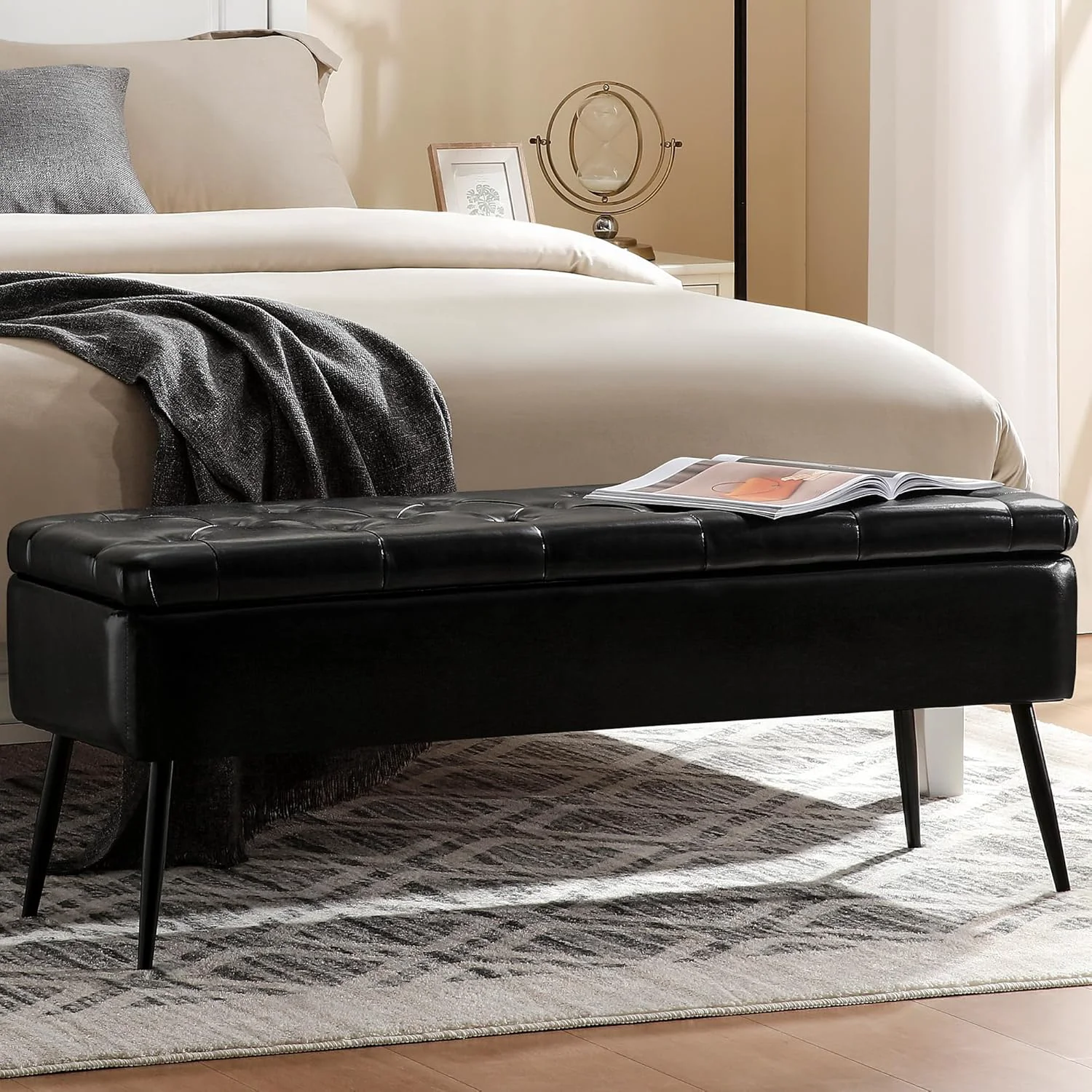 Traditional Leather Storage Ottoman Bench End of Bed Bench for Living Room Bedroom Dinning Room Entryway Mid-Century Modern Faux Leather with Steel Legs Safety Hinges Loads 660 lb with Button Black Classic