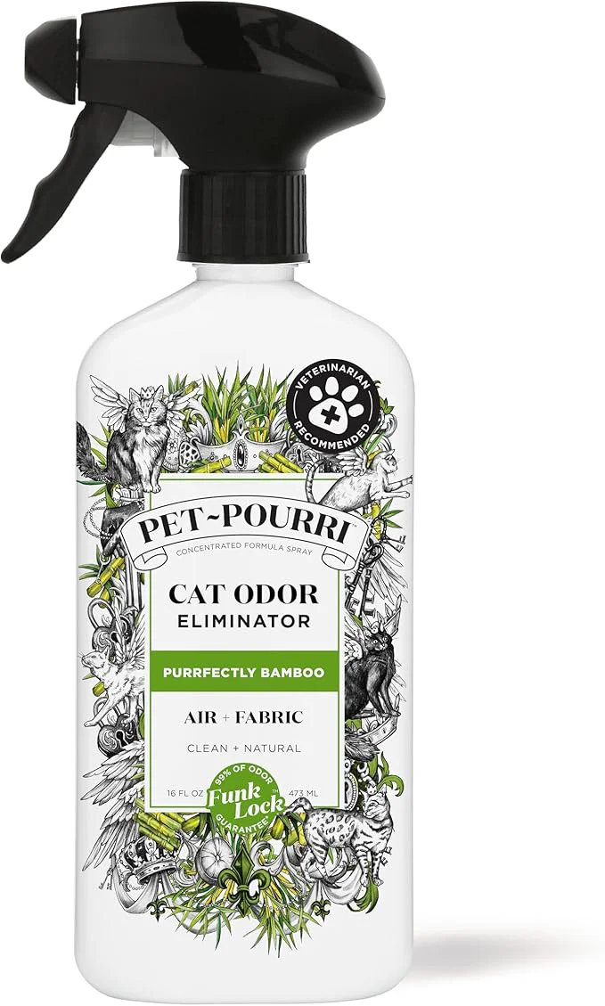 Reusable Pet-Pourri Air Fabric Purrfectly Bamboo Cat Home Deodorizer Spray 16 Fl Oz Up to 800 Uses Pet Odor Remover with Essential Oils for Air Carpet Urine Vet Bamboo Jasmine Pear Original