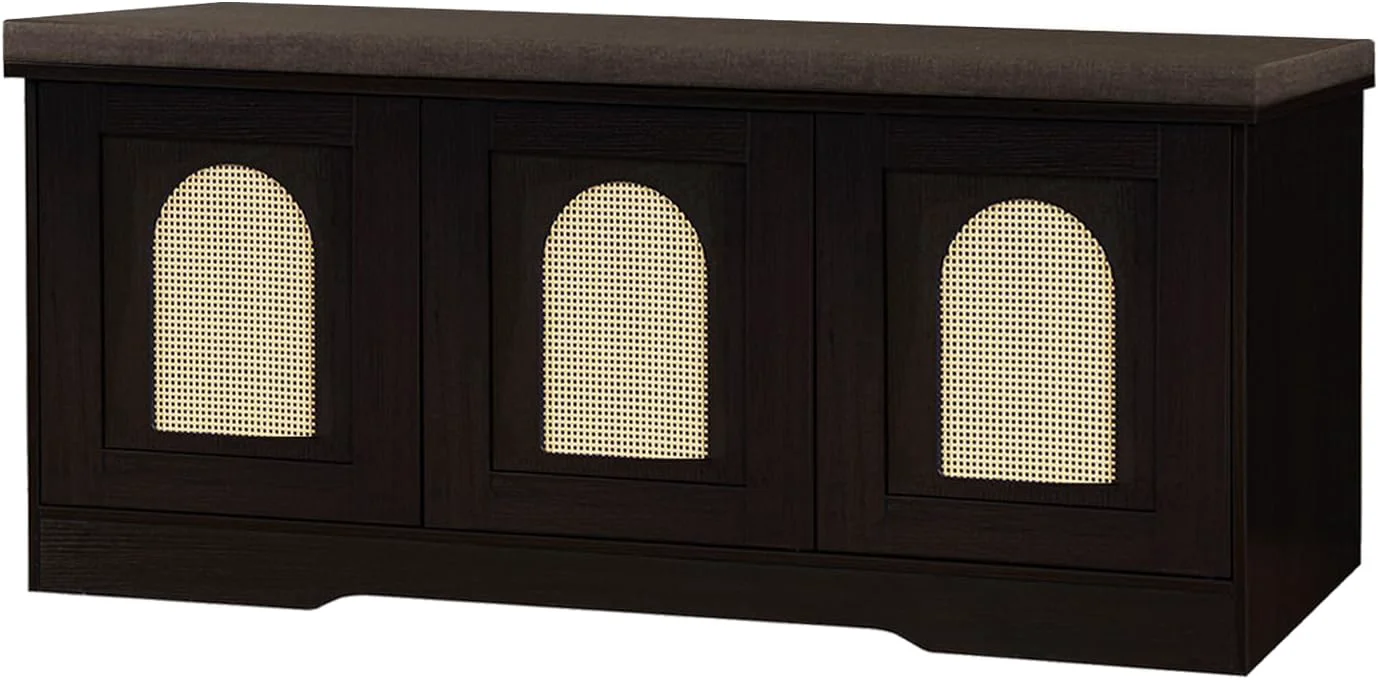 Versatile DINZI LVJ Shoe Bench Entryway Storage Bench with Doors Cushion 2-Tier Shoe Rack with 6-Cubby 39.4 L x 13.8 W Shoe Organizer Cabinet Adjustable Shelf Living Room Bedroom Espresso with Rattan Modern