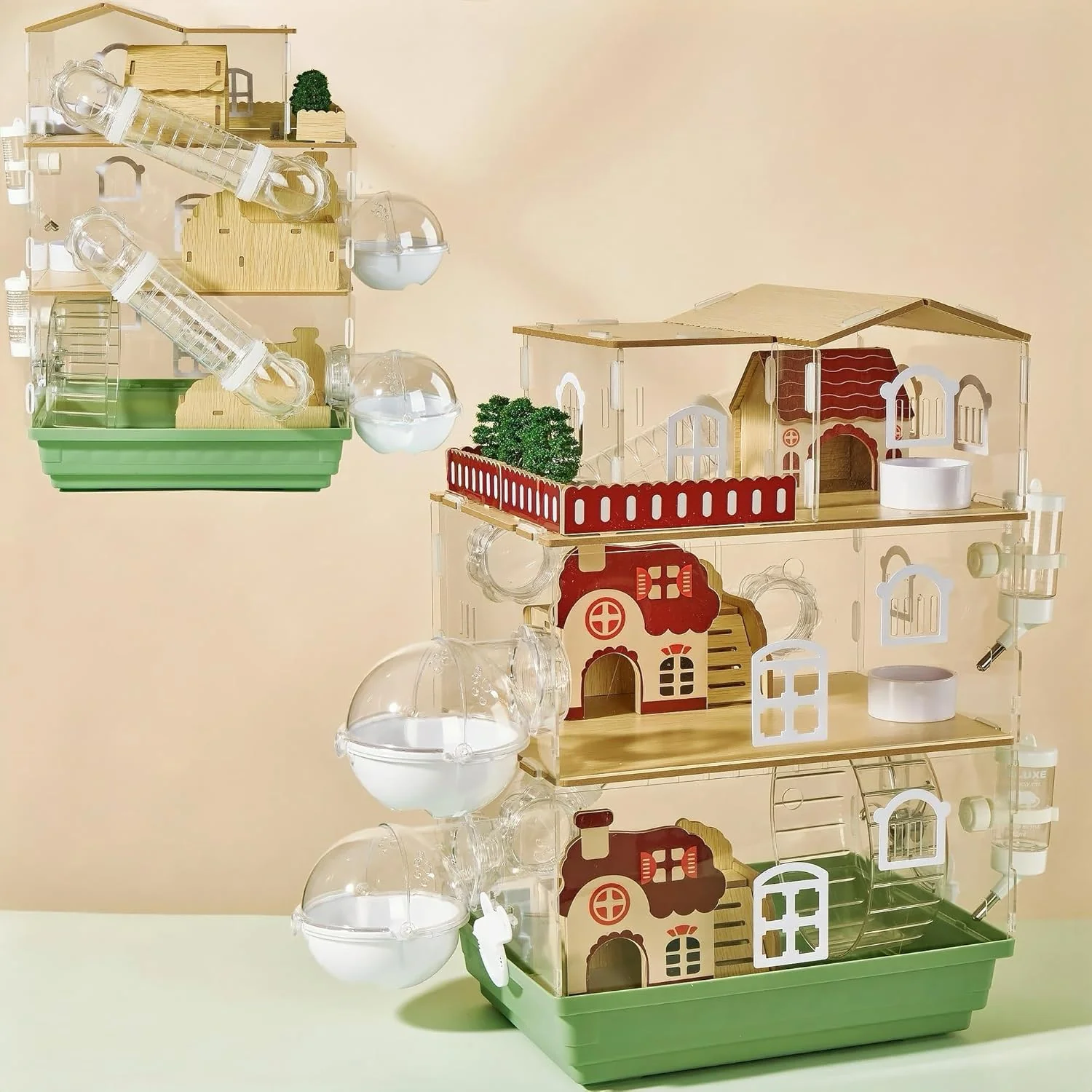 Elegant 17 in 1 Clear Acrylic Hamster Cage with All Accessories 13.5”L 10”W 21”H Dwarf Hamster Cage Magnetic Connection Small Hamster Enclosure Garden Style Wooden Pet Mouse Cage for Pet Mice 3-Layer Smart