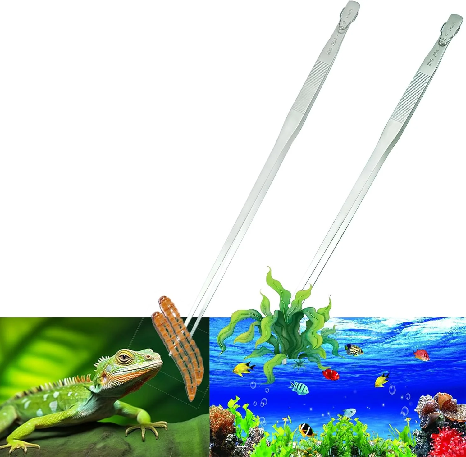 Original 2pcs 18.9 inch Aquarium Tweezers with Hanger 2025 New Extra Long Feeding Tongs Stainless Steel Large Aquascape Tools for Fish Tank Terrarium，Aquascaping Reptile Snake Curved Straight Exceptional