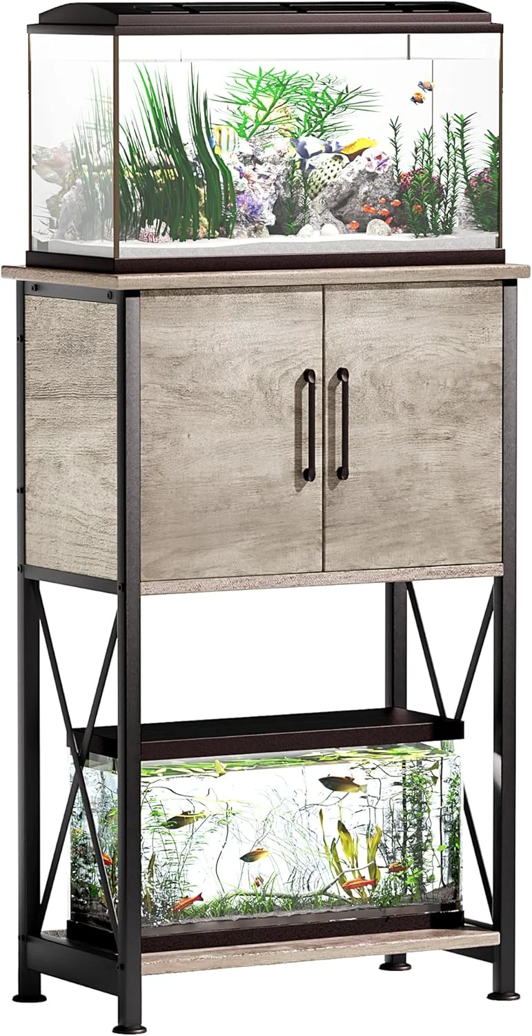 Enhanced 5-10 Gallon Fish Tank Stand Metal Double Aquarium Stand with Cabinet for Fish Tank Accessories Storage Heavy Duty 20.5 L 11.02 W Tabletop 500LBS Capacity Grey PG06YGZ World-Class