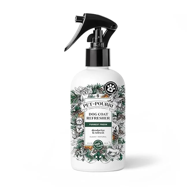 Elegant Poo-Pourri Furrest Fresh Dog Deodorizing Spray 8 Fl Oz Grooming Perfume for Dog Coat Pet Odor Neutralizer with Essential Oils Vet Paraben Sulfate- Fir Amber Cedarwood Scent Proven