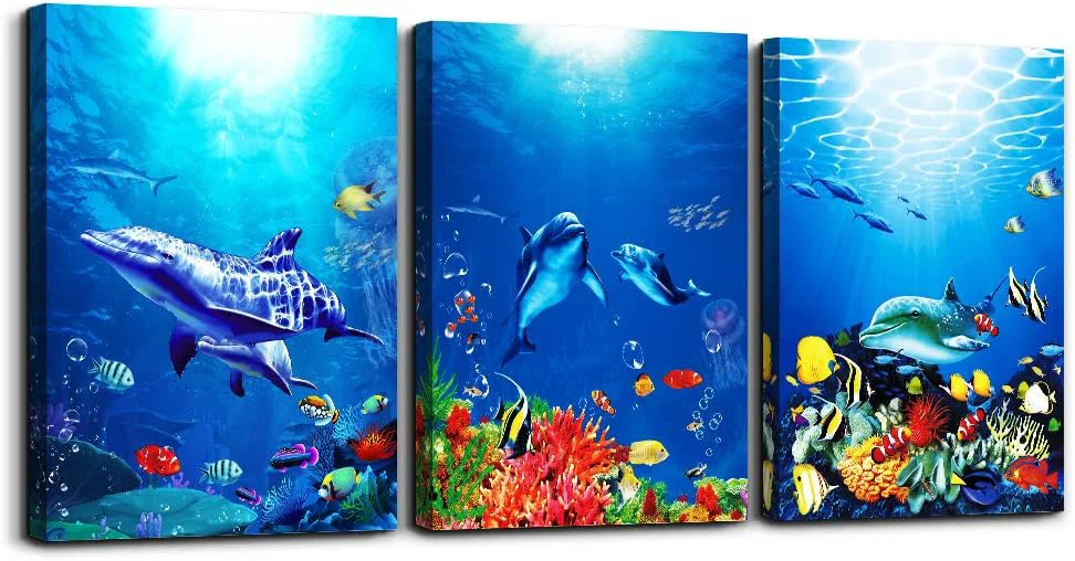 High-Grade blue ocean fish 3 Pieces Framed Wall Art for Living Room Bathroom Wall Decoration Canvas Print Children’s Bedroom Wall decor Office Kitchen Home Decoration Underwater World Watercolor Painting Selected