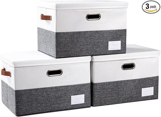 Clean PRANDOM Foldable Storage Bins with Lids 3-Pack Fabric Collapsible Storage Boxes Baskets Cubes Containers with Handles for Closet Living Room Bedroom Grey White 17.7×11.8×11.8” About ThisOverview Fast