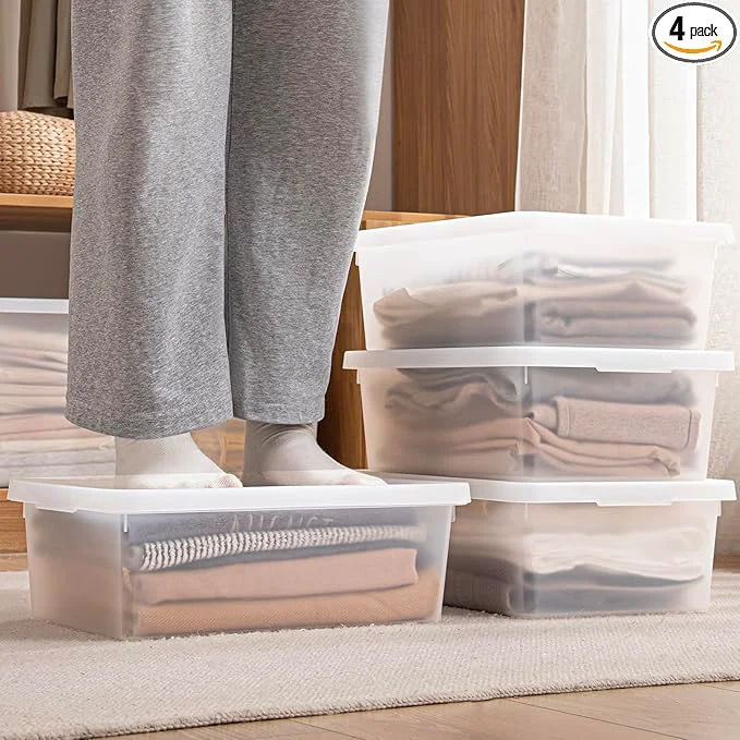 Flexible 15 Quart Stackable Plastic Storage Bins with Lids Container to Organize Shoes and Crafts on Closet Shelves Garage Totes Tubs Boxes Organizing 4 Pack 4L About ThisOverview Authentic