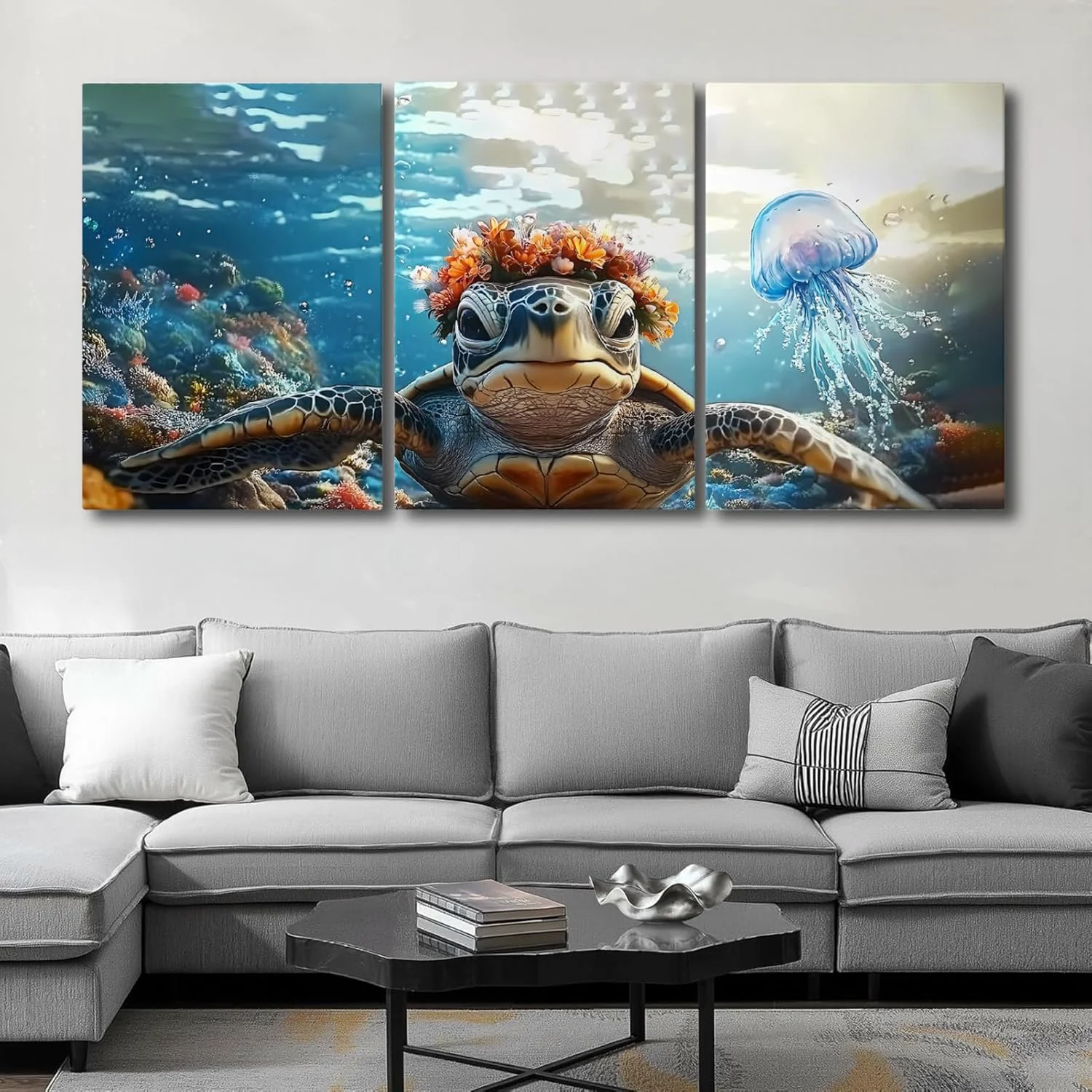 Professional Wiev Sea Turtle Canvas Wall Art Under Sea Wall Art Sea Life Pictures Wall Decor Ocean Animal Painting for Bathroom Living Room Bedroom 24 x 36 x 3 pcs Breathable