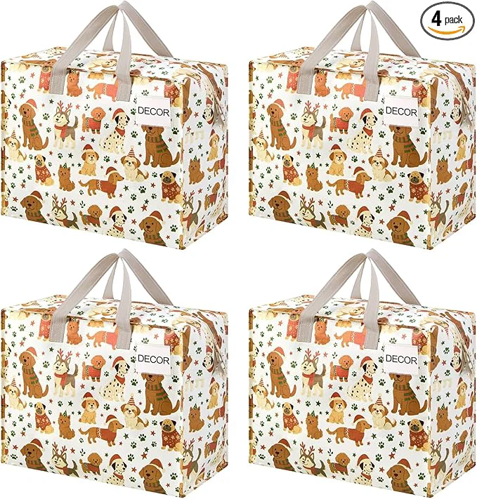 Luxury VENO 4 Pack Heavy Duty Moving Bags Storage Bags Packing Supplies Top Zipper Storage Totes for Camping Clothes Bedding Comforters Pillows Christmas Pattern 13 Gallon Holiday Pups 4 Pack About ThisOverview Natural