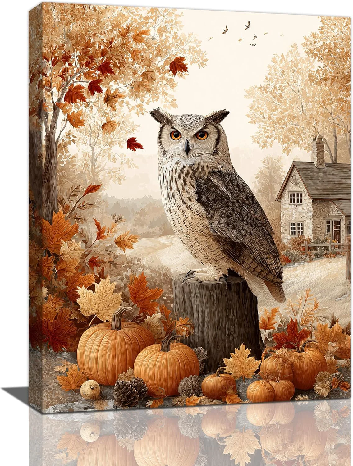 Expertly Made Fall Owl Wall Art Autumn Pumpkin Leaves Wall Decor Rustic Canvas Print Farmhouse Pictures Painting Print Framed Artwork Decorations Gifts for Living Room Bathroom Bedroom Office 12 x16 Carefully Designed