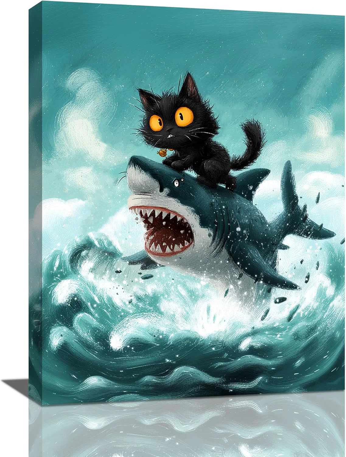 Secure Funny Black Cat Bathroom Wall Art Cute Cat Riding Shark Canvas Wall Decor Animal Kitten Pictures Painting Print Artwork Framed Decorations Gifts for Cat Lover Kids Room Bedroom 12 x16 Breathable