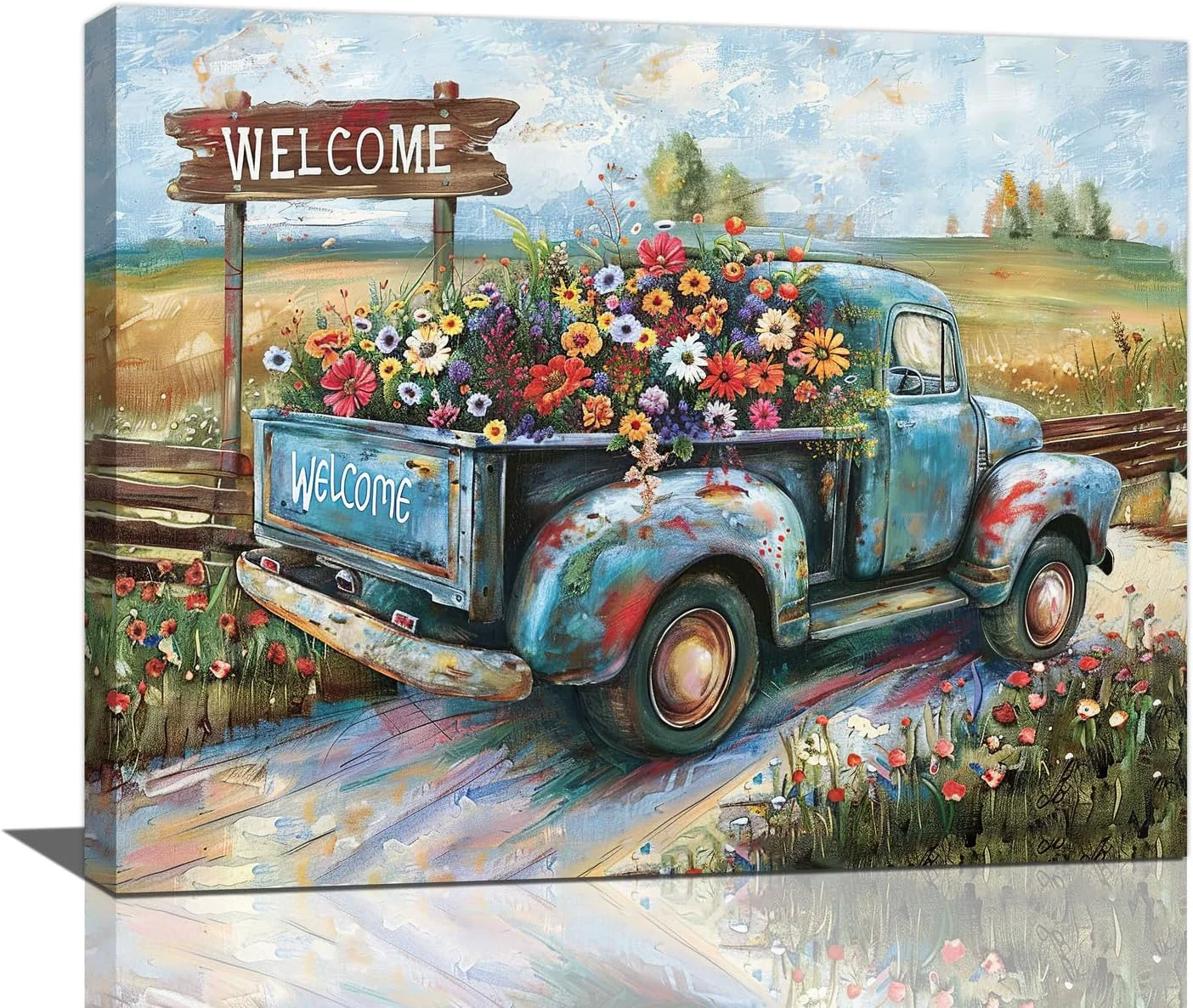 Smooth Farmhouse Truck Wall Art Rustic Country Wildflowers Wall Decor Road Flowers Landscape Pictures Canvas Print Painting Artwork for Bathroom Living Room Bedroom 16 x20 Fine