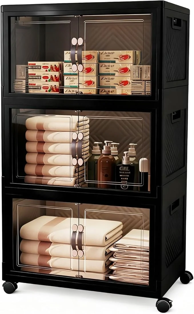 Top-Quality Collapsible Storage Bins with Lids Wheels-192QT 48Gal Stackable Plastic Containers with Doors Heavy-Duty Foldable Organizer Bins for Home Office Books Black 3-PackAbout ThisOverview Refined