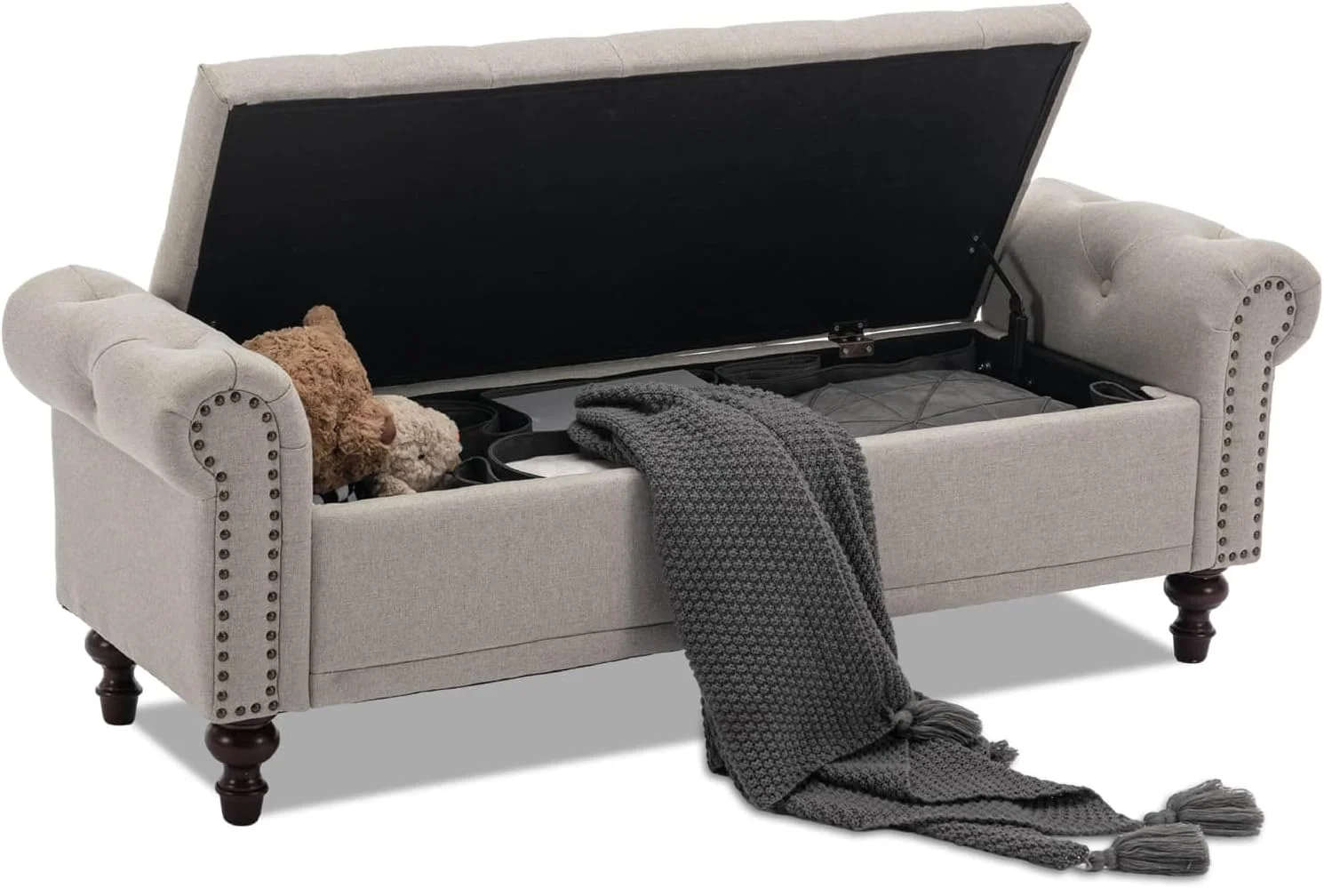 Contemporary 58.1” Storage Bench Upholstered Linen End of Bedroom Bed Bench Ottoman with Tufted Cushioned Rolled Arm Large Storage Space for Reading Living Room Entryway Light Brown Original