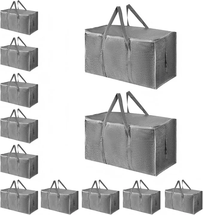 Certified 12 Pack-Extra Large Heavy Duty Moving Bags – Waterproof Storage Totes with Handles Zippers Foldable for College Dorm Storage Gray About ThisOverview Detailed