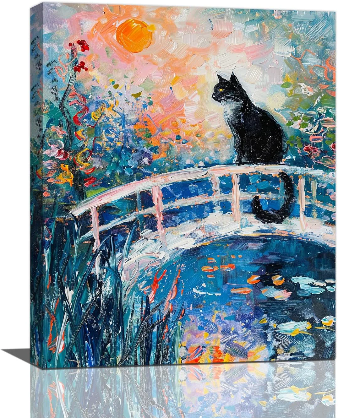 Effective Quorin Black Cat Wall Art Water Lily Sunset Pictures Cat Wall Decor Impressionism Canvas Print Painting Artwork for Bathroom Living Room Bedroom 16 x20 Exceptional