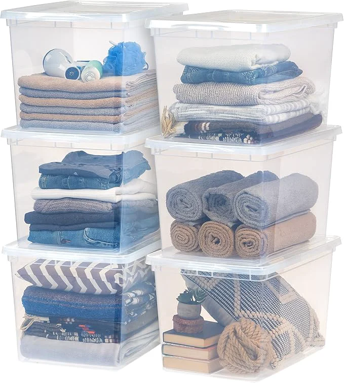 Long-Lasting IRIS USA 6-Pack Storage Bins with Lids 68 Quart Clear Stackable Containers Box Organize Shoes Closet Shelves Clothes Blankets Towels – BPA- PlasticAbout ThisOverview Breathable